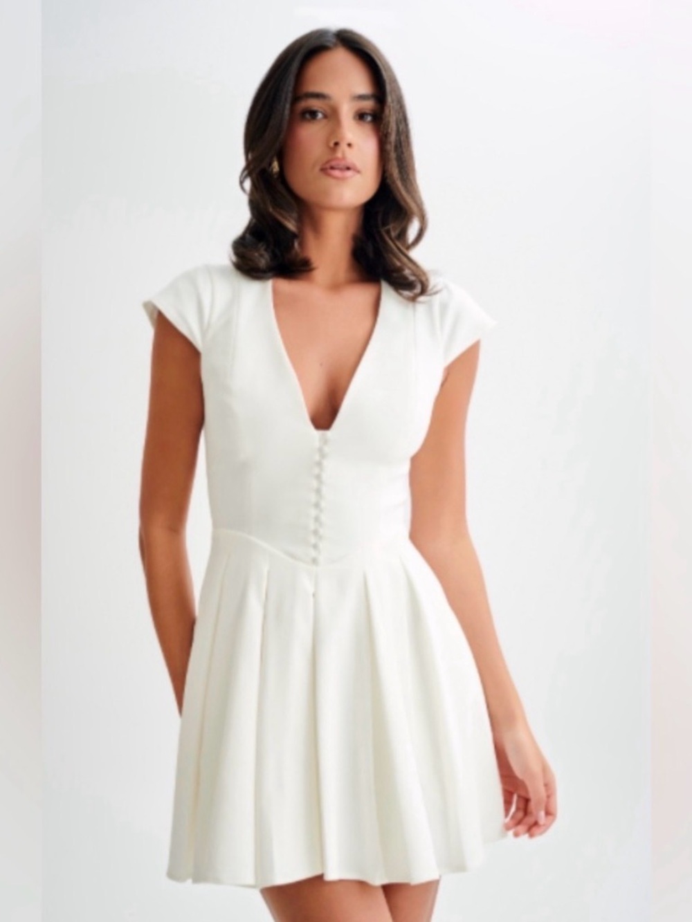 Meshki White V-Neck Mini Dress with Button Front